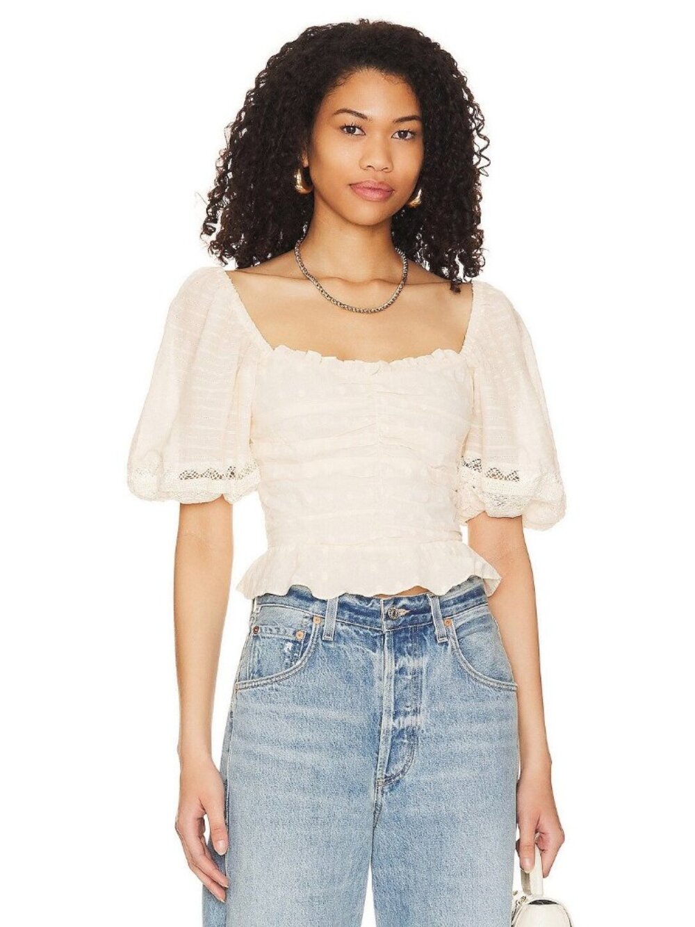 HEARTLOOM Revolve Jess Puffle Sleeve Eyelet Peplum Top Sz S Ecru